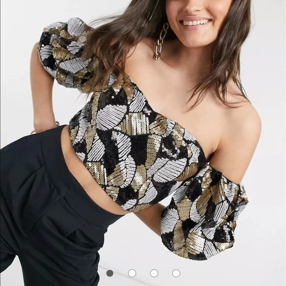 ASOS Virgos Lounge Bardot Sequin Top Gold Black Sold Out NWT UK 10 - Picture 15 of 15